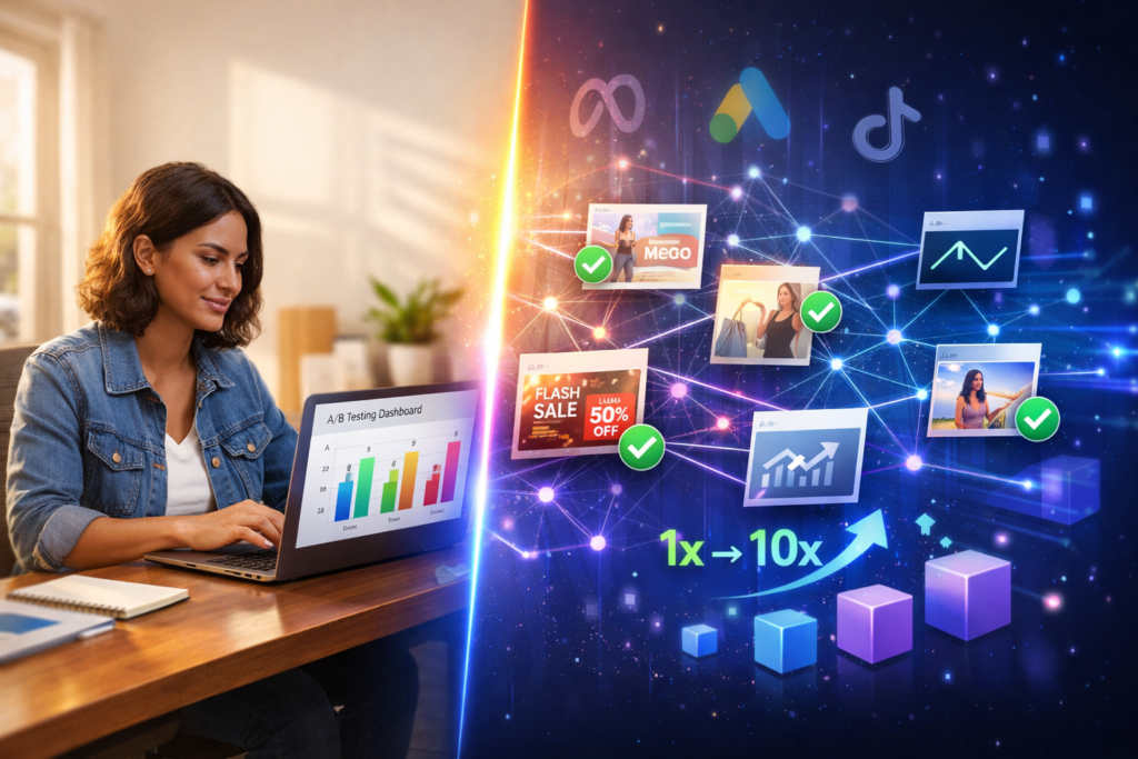 AI digital marketing hero image, human vs AI collaboration, small business owner working on laptop, creative testing dashboard, A/B testing analytics, performance metrics, AI creative optimization, neural network visualization, connected ad variants, Meta ads, Google Ads, TikTok ads, holographic data network, upward growth arrows, 1x to 10x scaling, ROAS +500%, conversion optimization, marketing automation, futuristic analytics, split screen marketing concept, photorealistic workspace meets AI illustration, digital advertising strategy, www.digitalswagata.com