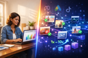 AI digital marketing hero image, human vs AI collaboration, small business owner working on laptop, creative testing dashboard, A/B testing analytics, performance metrics, AI creative optimization, neural network visualization, connected ad variants, Meta ads, Google Ads, TikTok ads, holographic data network, upward growth arrows, 1x to 10x scaling, ROAS +500%, conversion optimization, marketing automation, futuristic analytics, split screen marketing concept, photorealistic workspace meets AI illustration, digital advertising strategy, www.digitalswagata.com