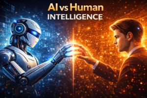 Futuristic AI vs Human Intelligence illustration showing artificial intelligence and human interaction representing the future of AI technology.