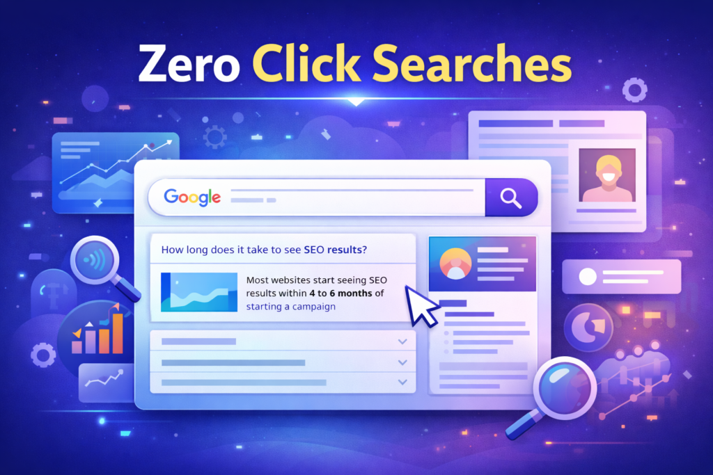 zero click searches SEO strategy illustration showing Google SERP featured snippets knowledge panel and instant answers for zero click search optimization digital marketing guide www.digitalswagata.com