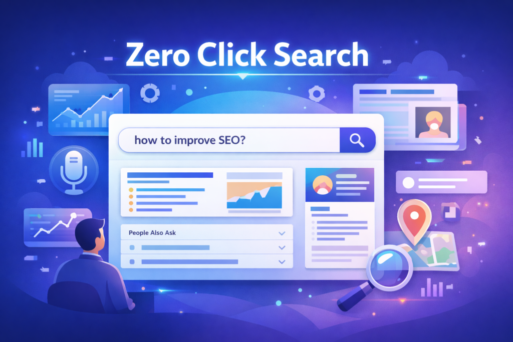zero click searches in SEO visual with Google SERP featured snippets people also ask instant answers and search engine optimization strategy for digital marketing blog www.digitalswagata.com
