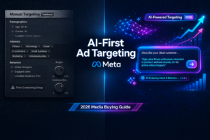 AI-First Ad Targeting blog thumbnail showing split screen manual vs AI Meta ads targeting, digital marketing 2026 media buying guide, neural network AI interface, performance marketing automation, Meta ads optimization, ROAS growth analytics, futuristic blue purple UI, data driven advertising strategy, social media ad targeting comparison, WordPress featured image, www.digitalarijit.com