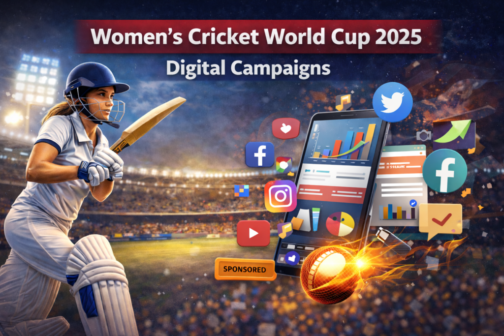 Female cricketer in stadium with digital marketing icons during Women’s Cricket World Cup 2025 campaign