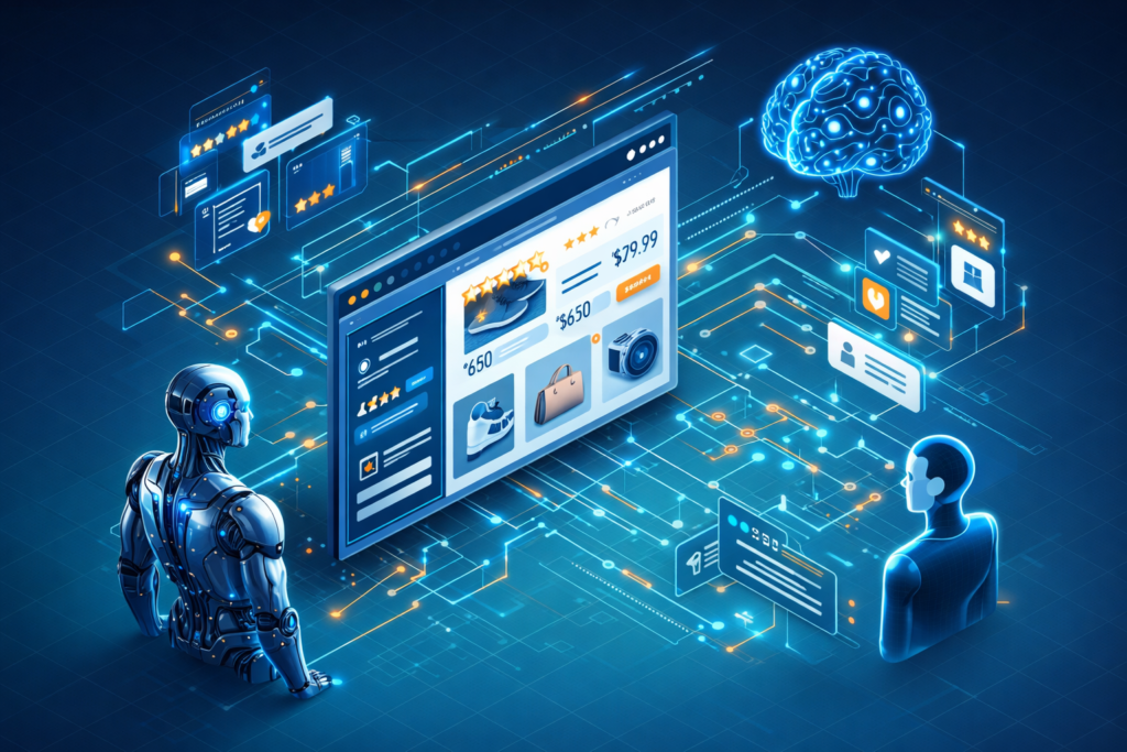 "Isometric 3D illustration of autonomous AI customers and AI shopping agents comparing products on an e-commerce website with schema markup and trust signals — AI agents in digital marketing guide from www.digitalswagata.com"