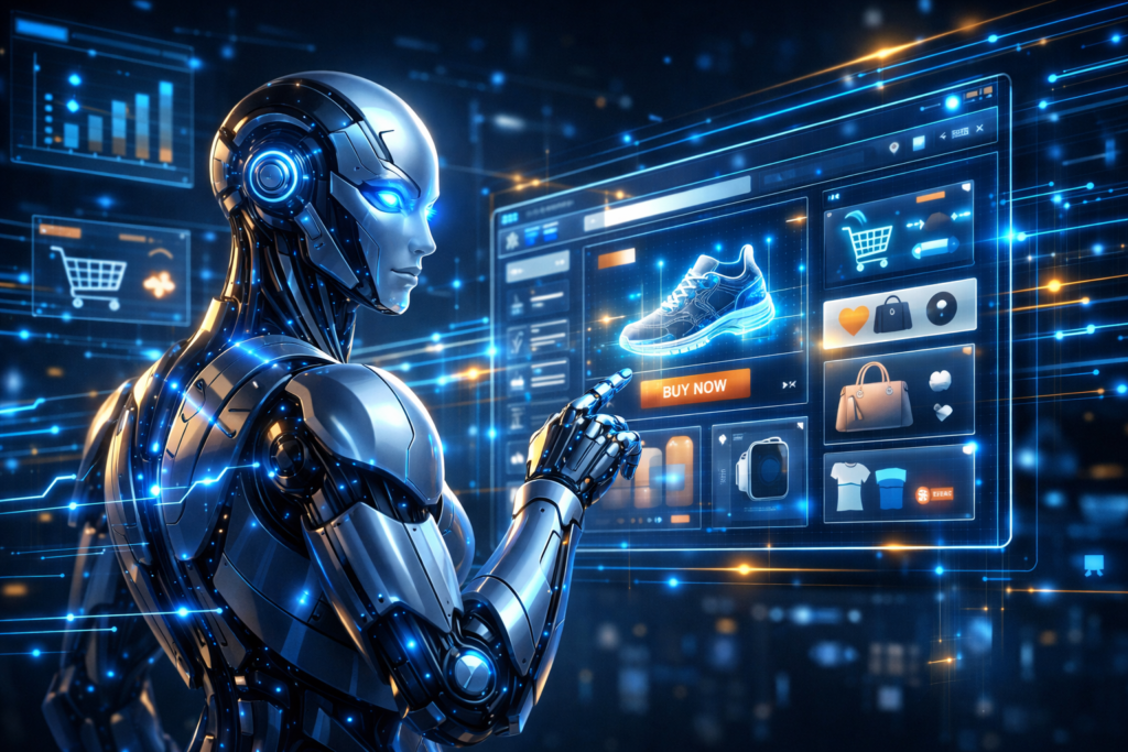 "AI agents as customers browsing e-commerce website with digital data streams and shopping agents — agent-to-agent marketing concept by Digital Swagata at www.digitalswagata.com"