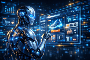 "AI agents as customers browsing e-commerce website with digital data streams and shopping agents — agent-to-agent marketing concept by Digital Swagata at www.digitalswagata.com"