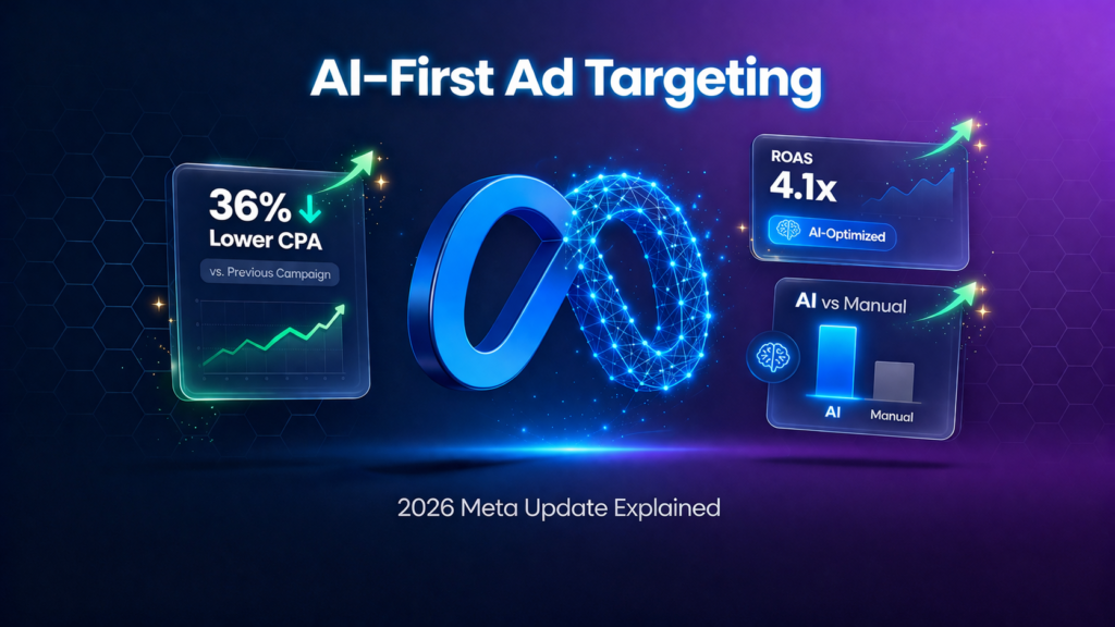 AI-First Ad Targeting blog thumbnail featuring 3D Meta logo with glowing AI neural network, data visualization UI cards showing 36% lower CPA, ROAS 4.1x, AI vs Manual metrics, dark navy to purple gradient background, hexagonal grid, 2026 Meta ads update explained, digital marketing strategy, Meta advertising AI targeting, performance marketing analytics, social media ads optimization, www.digitalarijit.com