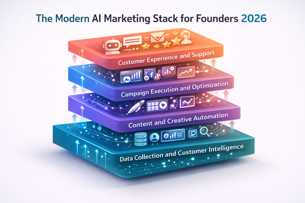 AI marketing stack for founders 2026 infographic with 4 layers: data collection, content automation, campaign optimization, and customer experience at www.digitalswagata.com