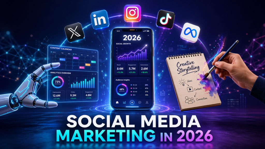 Social media marketing in 2026 blog thumbnail featuring AI tools for social media marketing, creative storytelling, and social media trends 2026 by Digital Swagata - www.digitalswagata.com