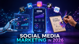 Social media marketing in 2026 blog thumbnail featuring AI tools for social media marketing, creative storytelling, and social media trends 2026 by Digital Swagata - www.digitalswagata.com