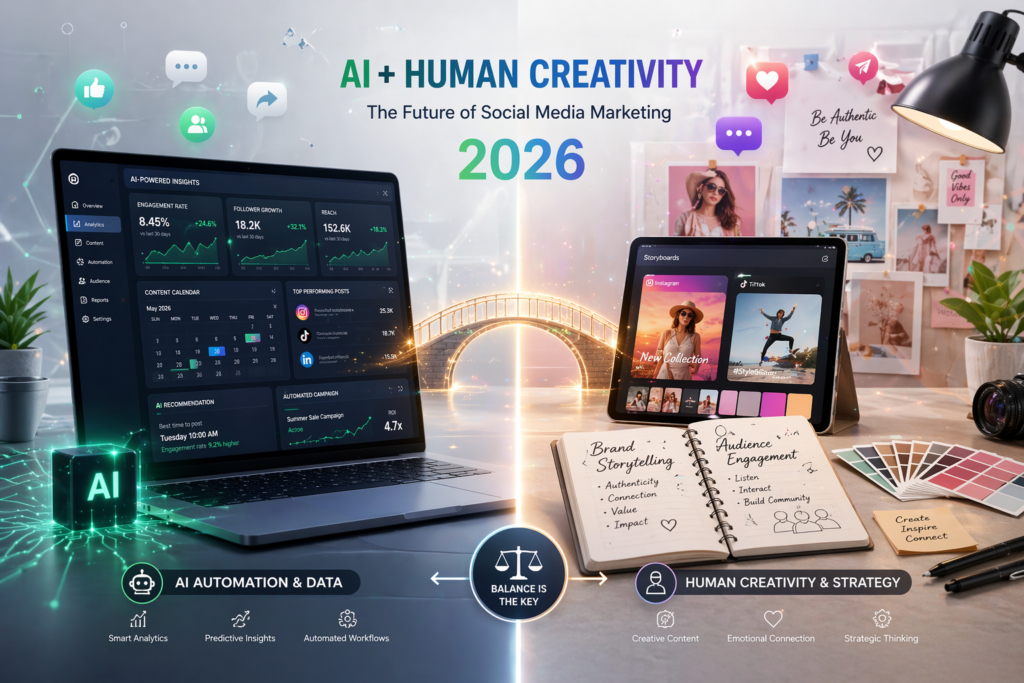 "Social media marketing in 2026 blog thumbnail featuring AI tools for social media marketing, creative storytelling, and social media trends 2026 by Digital Swagata - www.digitalswagata.com"

