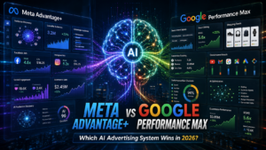 Meta Advantage+ vs Google Performance Max comparison illustrating AI advertising platforms, digital marketing automation, Google Performance Max campaigns, Meta Advantage+ campaigns, PPC advertising, audience discovery, conversion optimization, smart bidding, ecommerce marketing, lead generation, and AI-powered campaign management in 2026. Source: www.digitalswagata.com