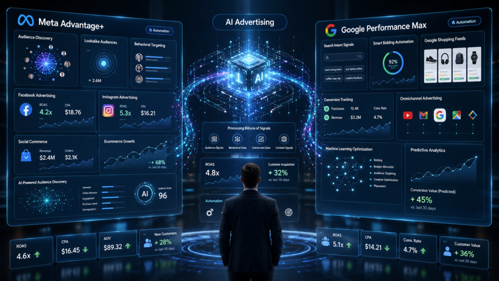 Meta Advantage+ vs Google Performance Max AI advertising comparison dashboard showing Facebook Ads, Instagram Ads, Google Ads automation, audience targeting, smart bidding, conversion tracking, ROAS optimization, ecommerce marketing, PPC automation, machine learning advertising, and digital marketing strategy insights for businesses in 2026. Learn more about AI-powered advertising and performance marketing at www.digitalswagata.com